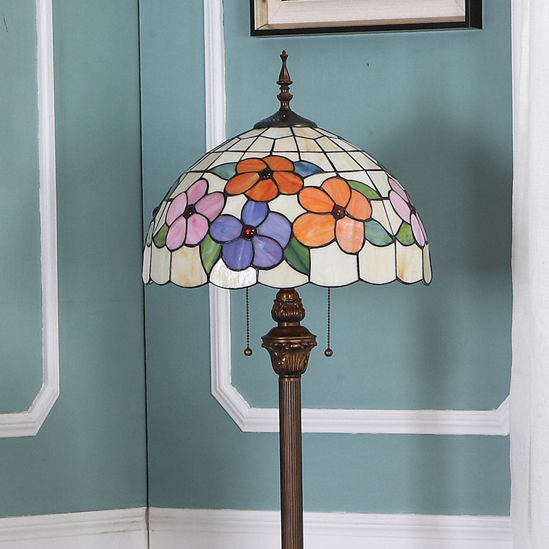 Vintage Beige Stained Glass Stand Up Lamp with Pull Chain - 2 Bulb Flower Floor Lighting for Living Room
