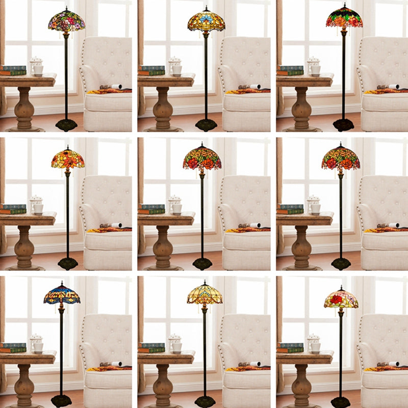 Tiffany Dome Shade Floor Lamp - Handcrafted Glass, Pull Chain, 2 Bulbs