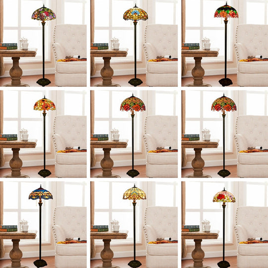 Tiffany Dome Shade Floor Lamp - Handcrafted Glass, Pull Chain, 2 Bulbs