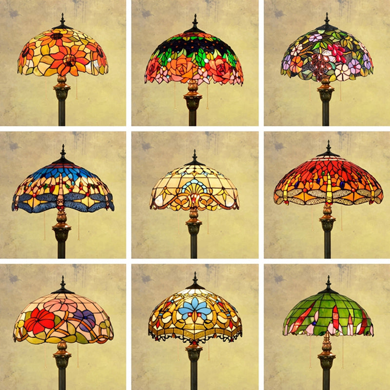 Tiffany Dome Shade Floor Lamp - Handcrafted Glass, Pull Chain, 2 Bulbs