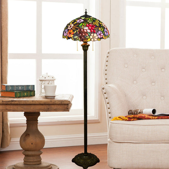 Tiffany Dome Shade Floor Lamp - Handcrafted Glass, Pull Chain, 2 Bulbs