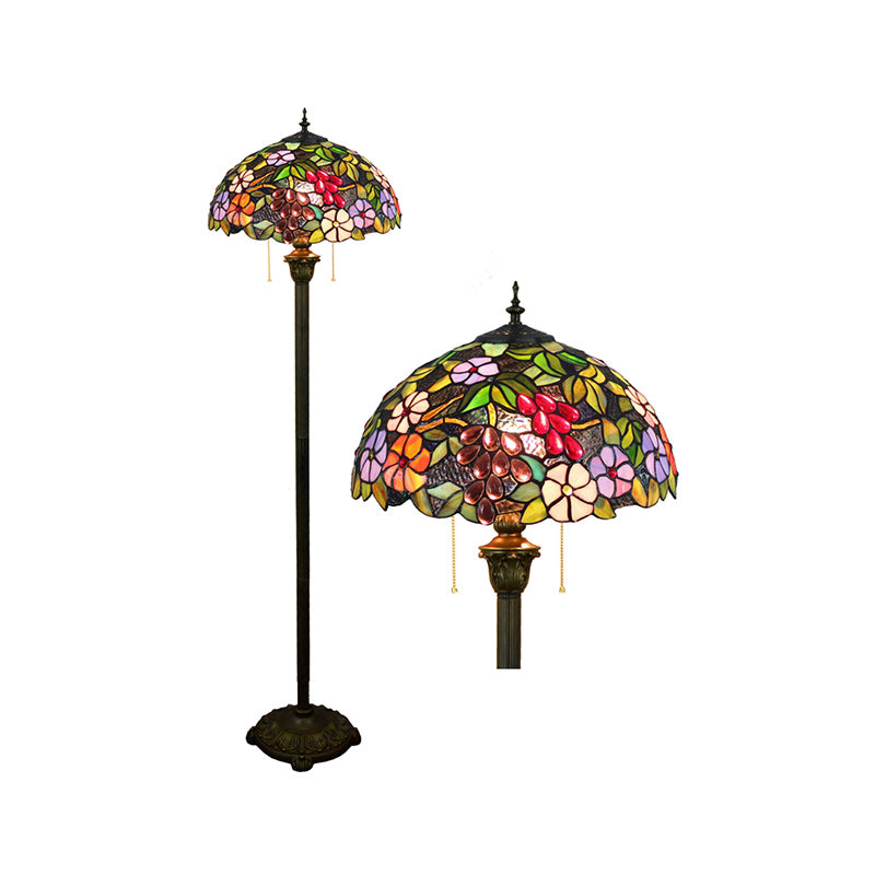 Tiffany Dome Shade Floor Lamp - Handcrafted Glass, Pull Chain, 2 Bulbs