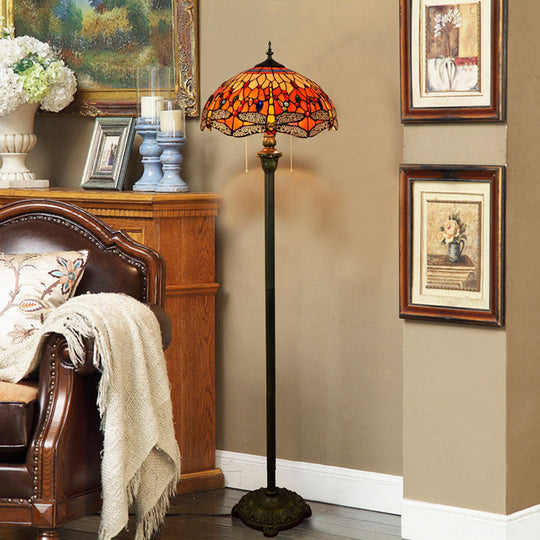 Tiffany Dome Shade Floor Lamp - Handcrafted Glass, Pull Chain, 2 Bulbs