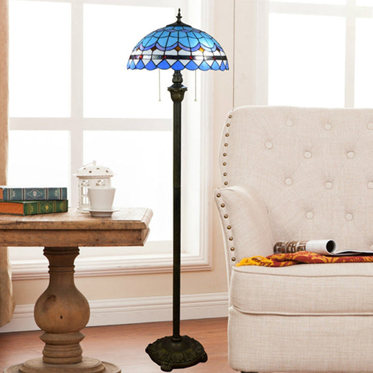 Tiffany Dome Shade Floor Lamp - Handcrafted Glass, Pull Chain, 2 Bulbs