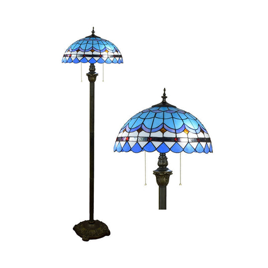 Tiffany Dome Shade Floor Lamp - Handcrafted Glass, Pull Chain, 2 Bulbs