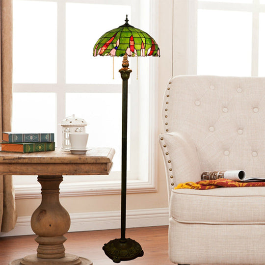 Tiffany Dome Shade Floor Lamp - Handcrafted Glass, Pull Chain, 2 Bulbs