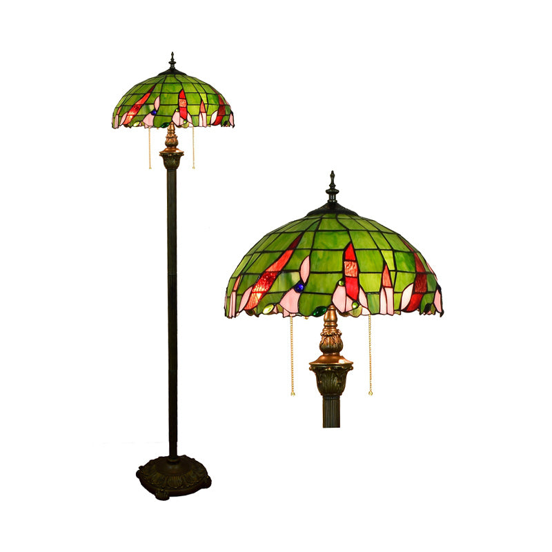 Tiffany Dome Shade Floor Lamp - Handcrafted Glass, Pull Chain, 2 Bulbs