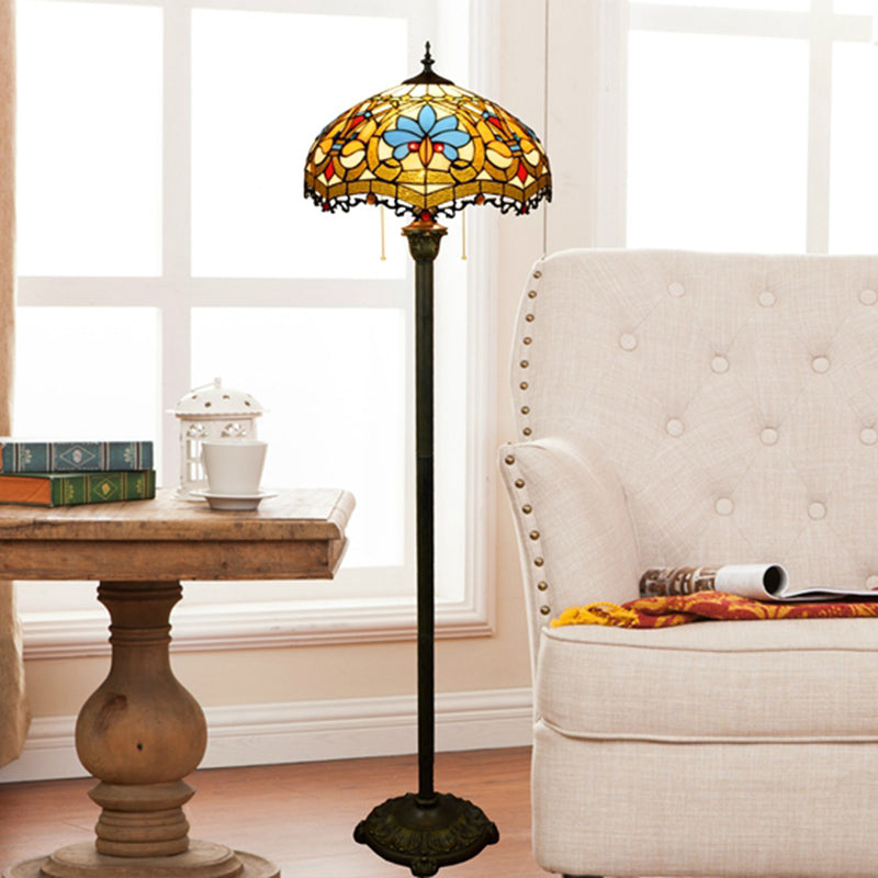Tiffany Dome Shade Floor Lamp - Handcrafted Glass, Pull Chain, 2 Bulbs