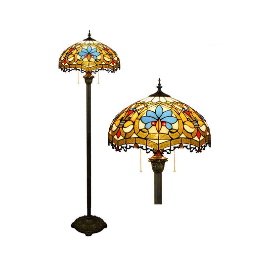 Tiffany Dome Shade Floor Lamp - Handcrafted Glass, Pull Chain, 2 Bulbs