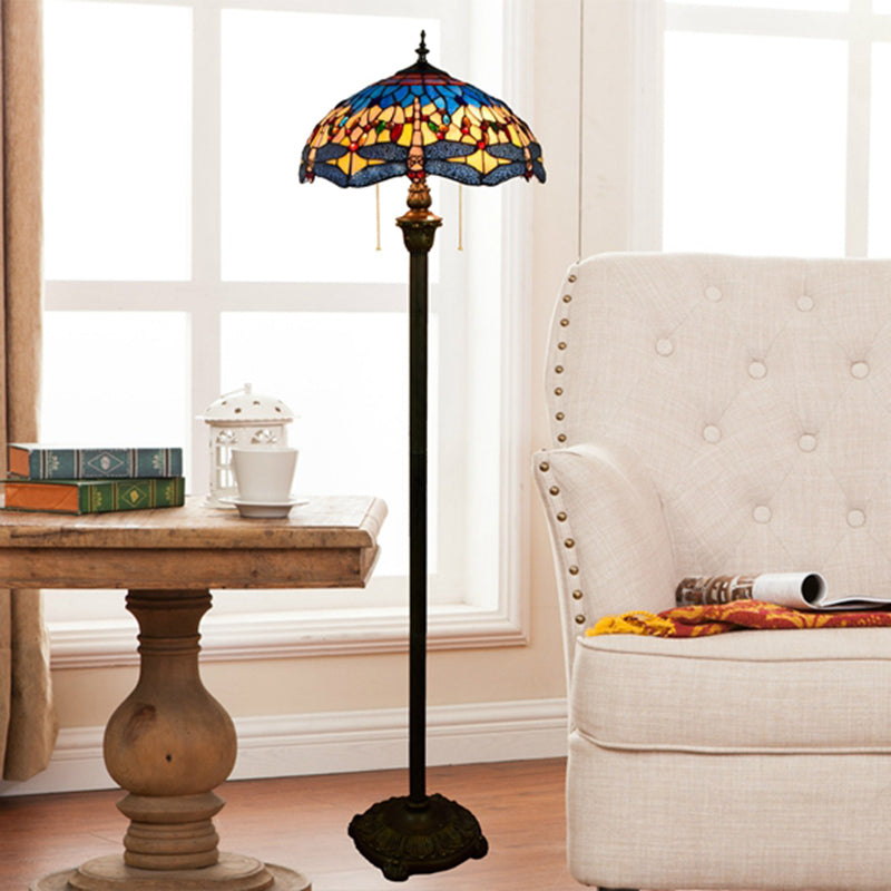 Tiffany Dome Shade Floor Lamp - Handcrafted Glass, Pull Chain, 2 Bulbs