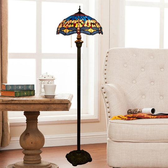Tiffany Dome Shade Floor Lamp - Handcrafted Glass, Pull Chain, 2 Bulbs
