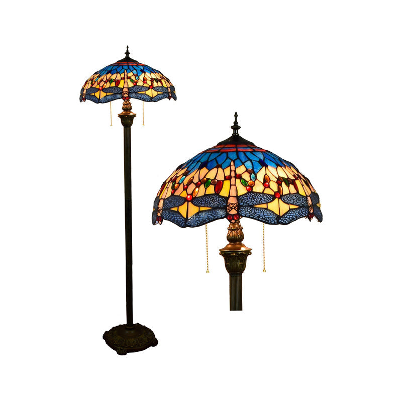 Tiffany Dome Shade Floor Lamp - Handcrafted Glass, Pull Chain, 2 Bulbs