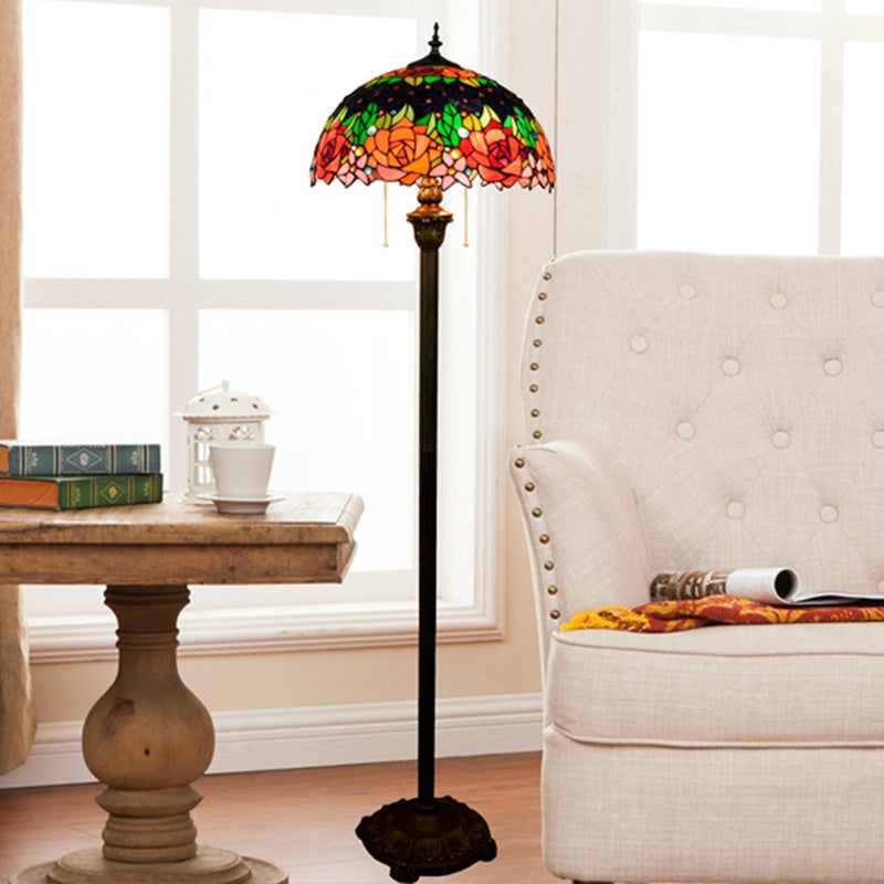 Tiffany Dome Shade Floor Lamp - Handcrafted Glass, Pull Chain, 2 Bulbs