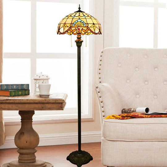 Tiffany Dome Shade Floor Lamp - Handcrafted Glass, Pull Chain, 2 Bulbs
