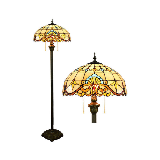 Tiffany Dome Shade Floor Lamp - Handcrafted Glass, Pull Chain, 2 Bulbs
