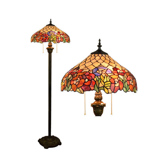 Tiffany Dome Shade Floor Lamp - Handcrafted Glass, Pull Chain, 2 Bulbs