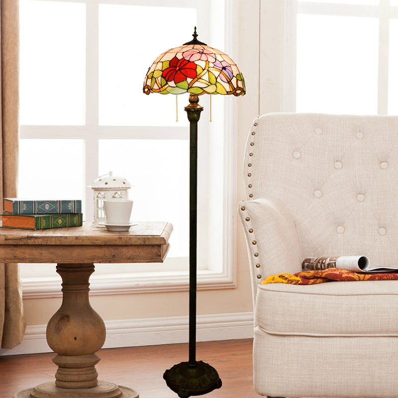 Tiffany Dome Shade Floor Lamp - Handcrafted Glass, Pull Chain, 2 Bulbs