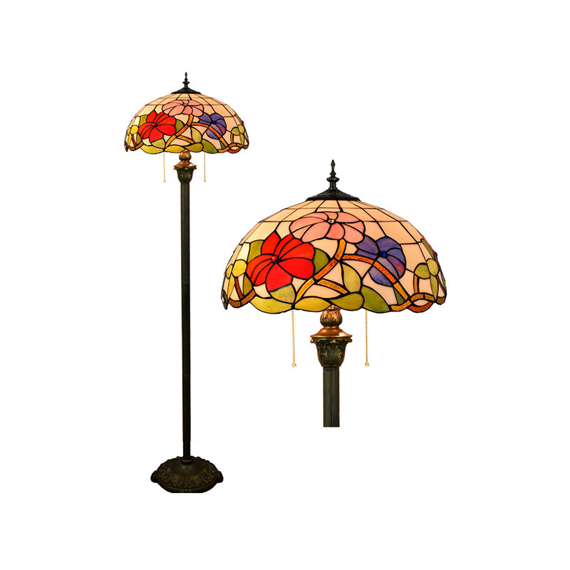 Tiffany Dome Shade Floor Lamp - Handcrafted Glass, Pull Chain, 2 Bulbs