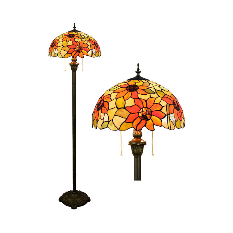 Tiffany Dome Shade Floor Lamp - Handcrafted Glass, Pull Chain, 2 Bulbs