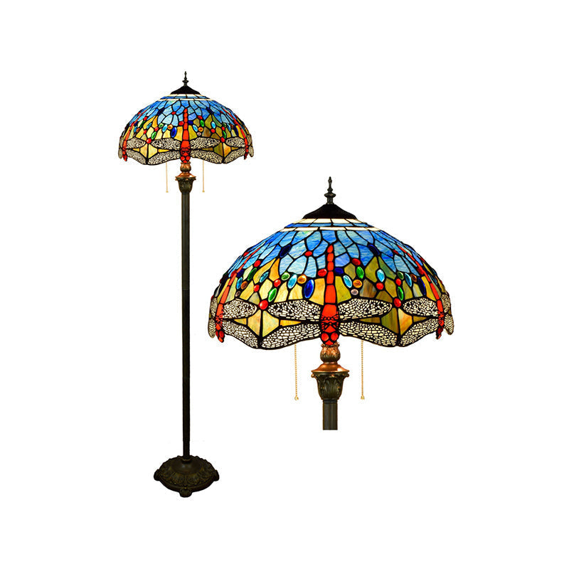 Tiffany Dome Shade Floor Lamp - Handcrafted Glass, Pull Chain, 2 Bulbs