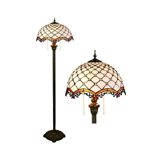 Tiffany Dome Shade Floor Lamp - Handcrafted Glass, Pull Chain, 2 Bulbs