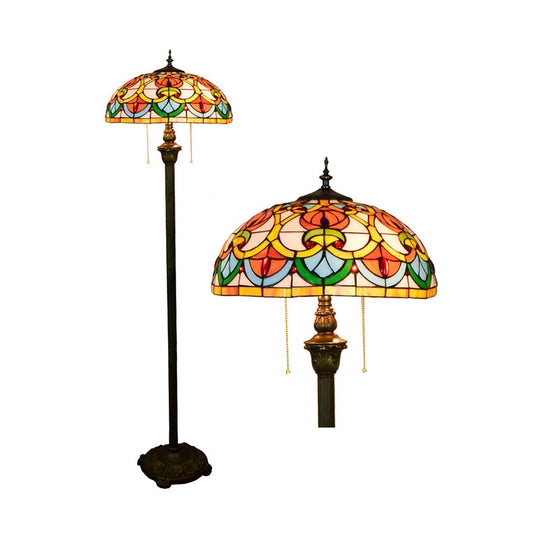 Tiffany Dome Shade Floor Lamp - Handcrafted Glass, Pull Chain, 2 Bulbs