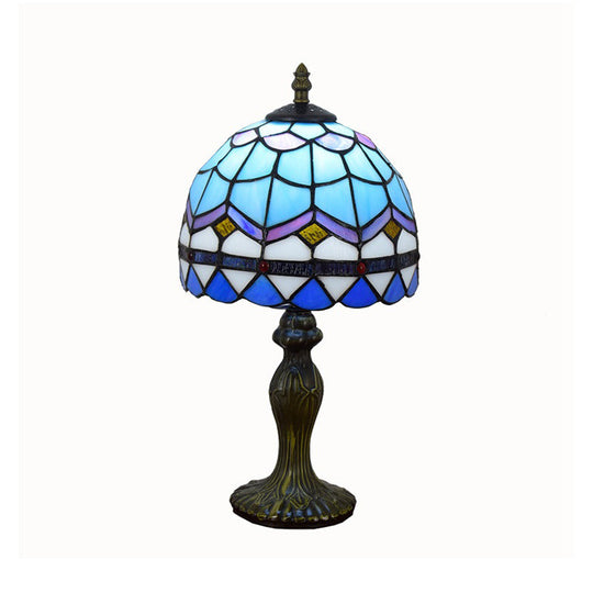 Mediterranean Dome Gridded Glass Table Lamp - Blue Nightstand Light for Living Room