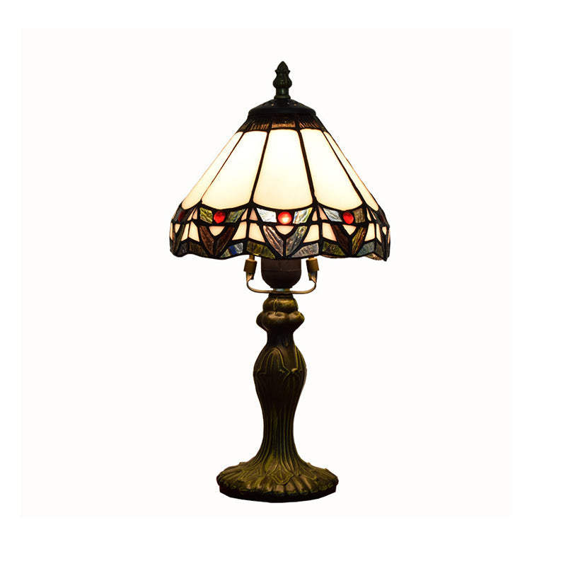 Antique Stained Glass White Table Lamp with Conical Shade & 1 Head - Elegant Nightstand Lighting for Bedrooms