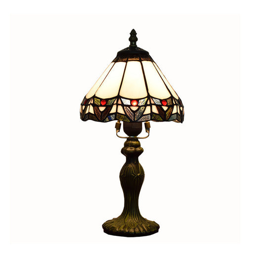 Antique Stained Glass White Table Lamp with Conical Shade & 1 Head - Elegant Nightstand Lighting for Bedrooms