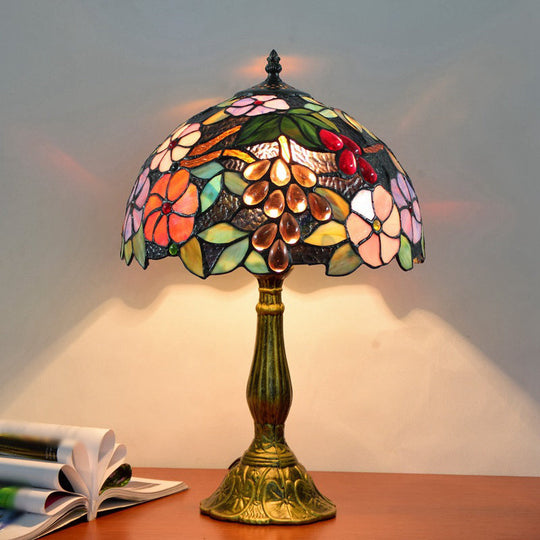Tiffany Stained Glass Nightstand Lamp with Flower and Grape Pattern