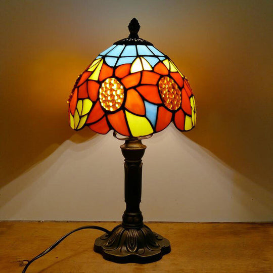 Sunflower Pattern Nightstand Lamp - 2 Head Stained Glass Table Lighting with Pull Chain