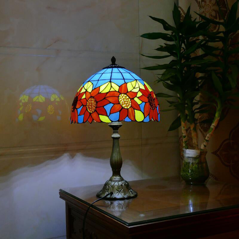 Sunflower Pattern Nightstand Lamp - 2 Head Stained Glass Table Lighting with Pull Chain