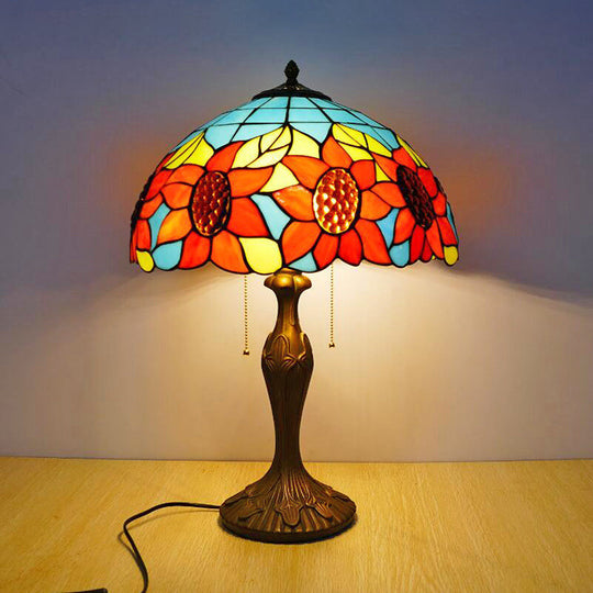 Sunflower Pattern Nightstand Lamp - 2 Head Stained Glass Table Lighting with Pull Chain