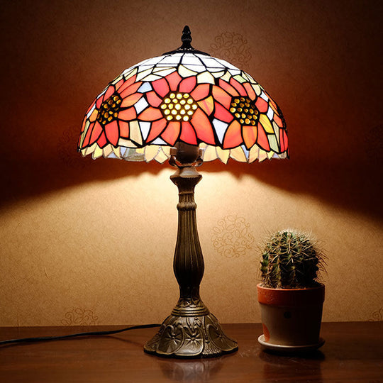 Orange Stained Glass Nightstand Lamp - Bowl Shade, Sunflower Pattern - Classic Table Lighting
