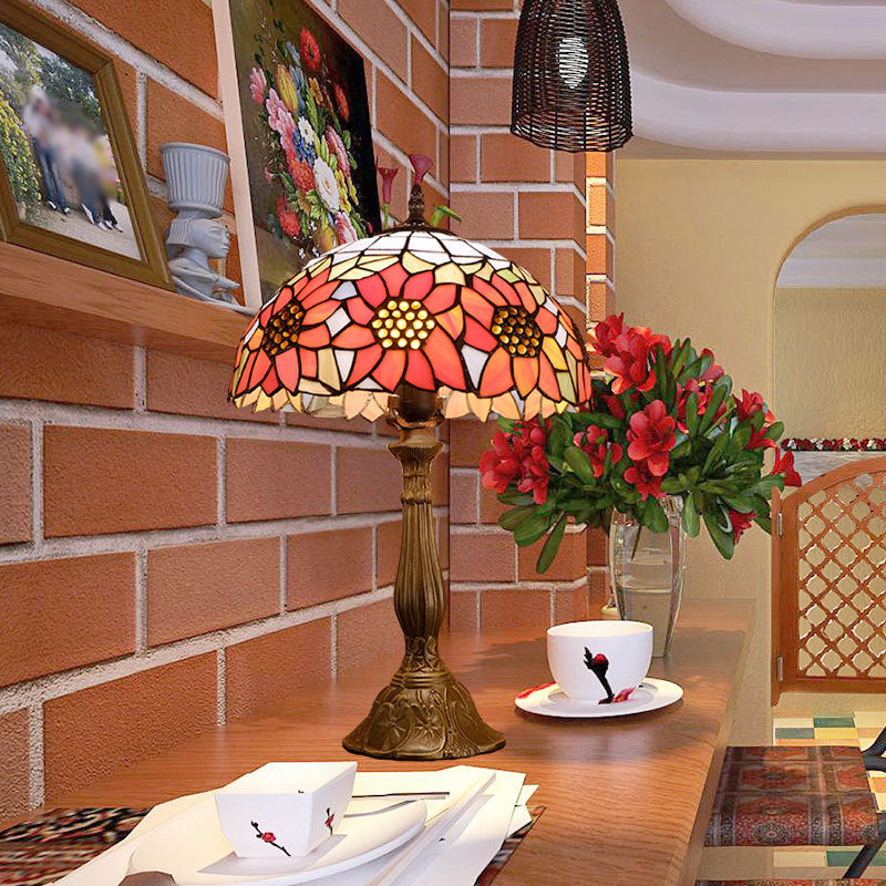 Orange Stained Glass Nightstand Lamp - Bowl Shade, Sunflower Pattern - Classic Table Lighting