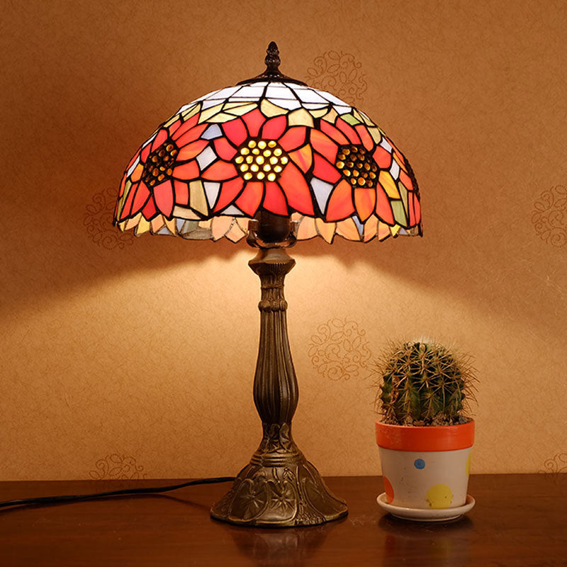 Orange Stained Glass Nightstand Lamp - Bowl Shade, Sunflower Pattern - Classic Table Lighting