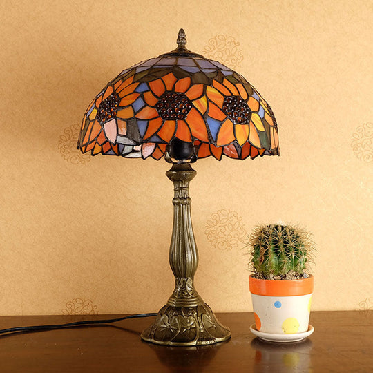 Orange Stained Glass Nightstand Lamp - Bowl Shade, Sunflower Pattern - Classic Table Lighting