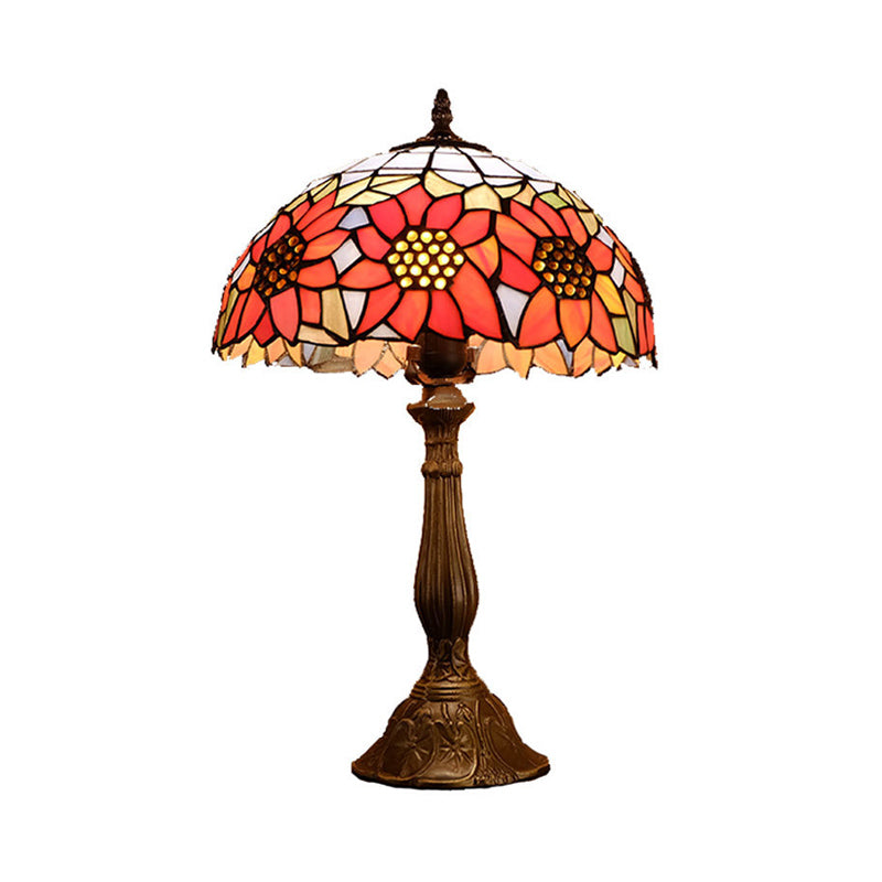 Orange Stained Glass Nightstand Lamp - Bowl Shade, Sunflower Pattern - Classic Table Lighting