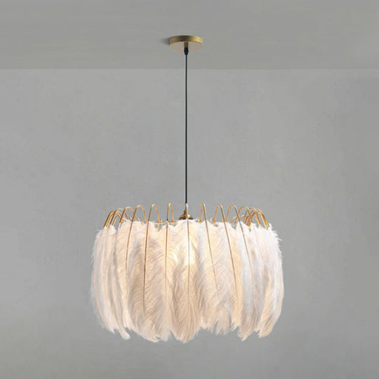 Modern White Feather Pendant Light for Living Room - Round Shape, Hanging Ceiling Light