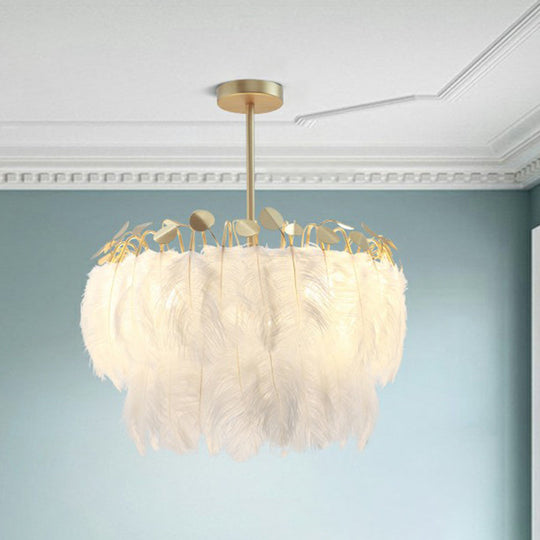 Modern White Feather Pendant Light for Living Room - Round Shape, Hanging Ceiling Light