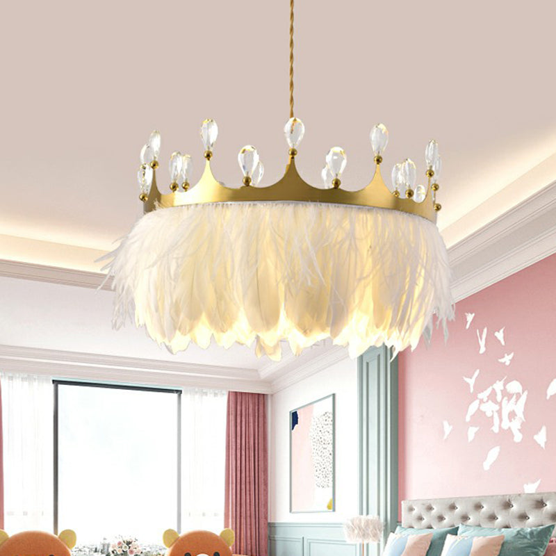 Modern Single Gold Crown Pendant Light with Crystal and Feather Accents - Metallic Suspension Fixture
