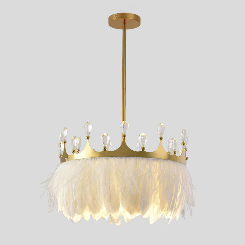 Modern Single Gold Crown Pendant Light with Crystal and Feather Accents - Metallic Suspension Fixture