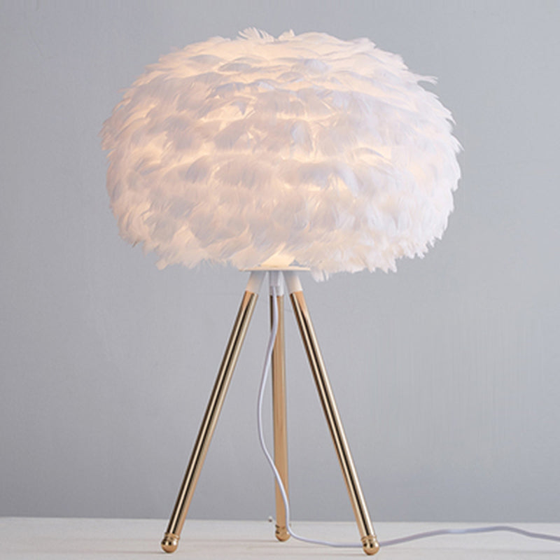 Minimalistic Metallic Tripod Table Light with Feather Shade in Gold
