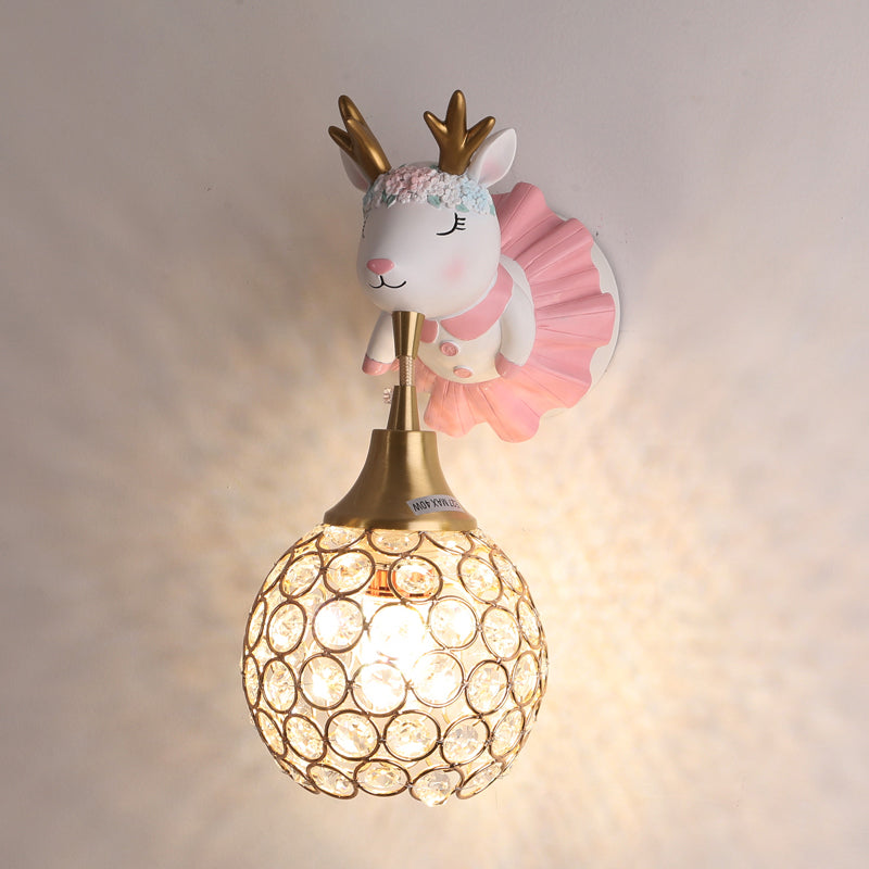 Hollowed Ball Crystal 1 Head Wall Mount Light with Animal Decor - Artistic Bedside Fixture