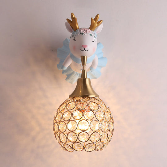 Hollowed Ball Crystal 1 Head Wall Mount Light with Animal Decor - Artistic Bedside Fixture