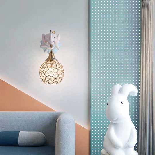 Hollowed Ball Crystal 1 Head Wall Mount Light with Animal Decor - Artistic Bedside Fixture