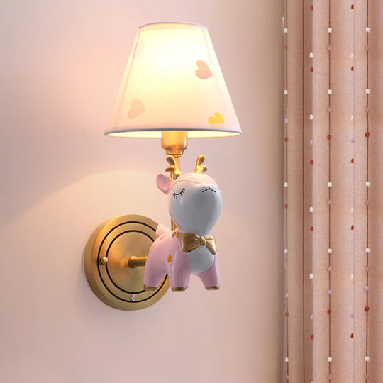 Kids Deer Wall Mount Light, Resin Child Room Lighting with Pink Fabric Shade
