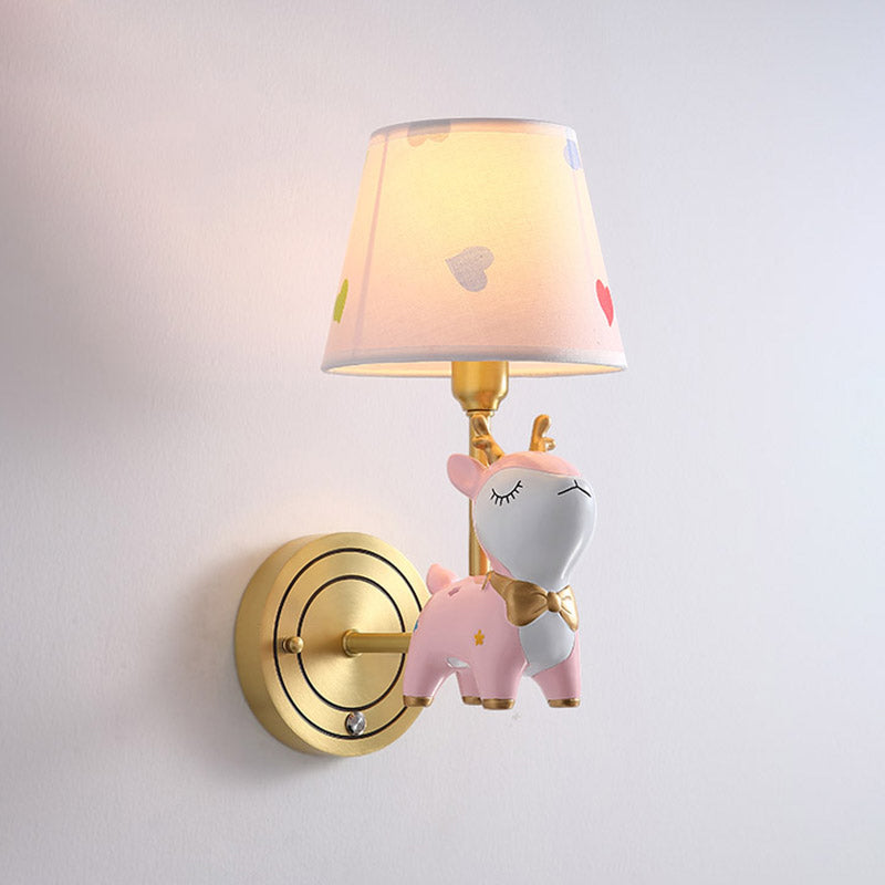 Kids Deer Wall Mount Light, Resin Child Room Lighting with Pink Fabric Shade