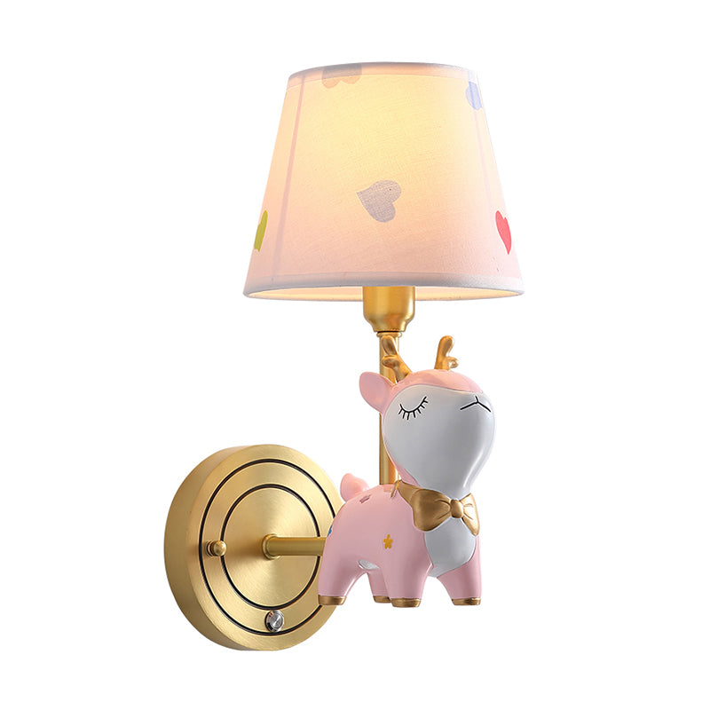 Kids Deer Wall Mount Light, Resin Child Room Lighting with Pink Fabric Shade
