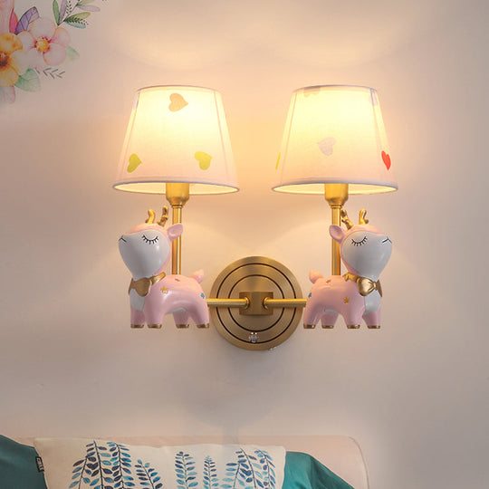 Kids Deer Wall Mount Light, Resin Child Room Lighting with Pink Fabric Shade